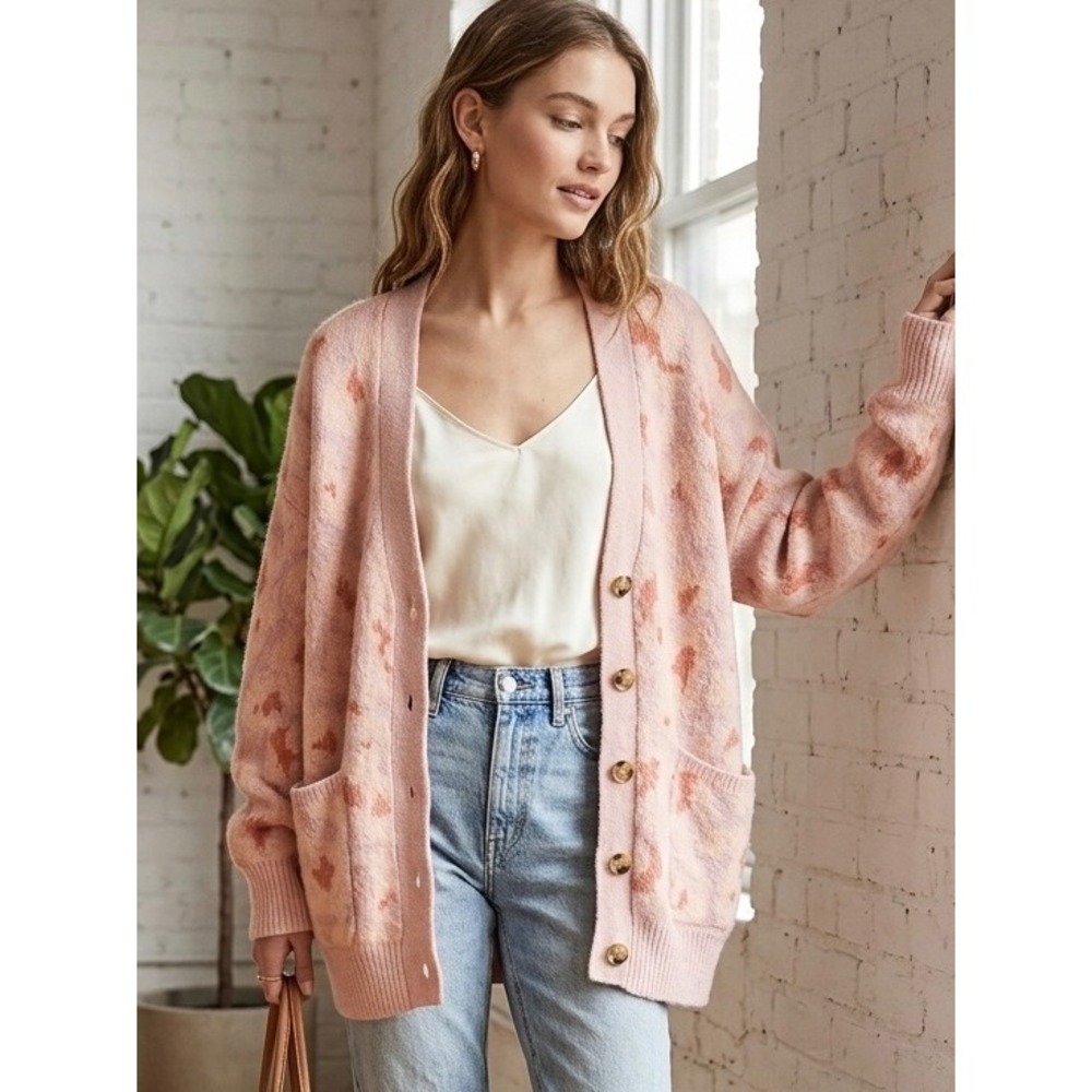J.Crew Pink Leopard Merino Wool Alpaca Blend Oversized Cardigan Sweater XS/S
